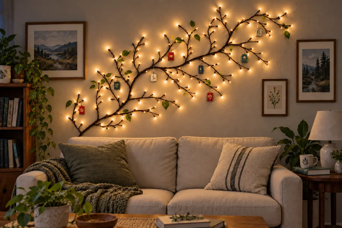 Lorelia vine light glowing above a cozy reading chair