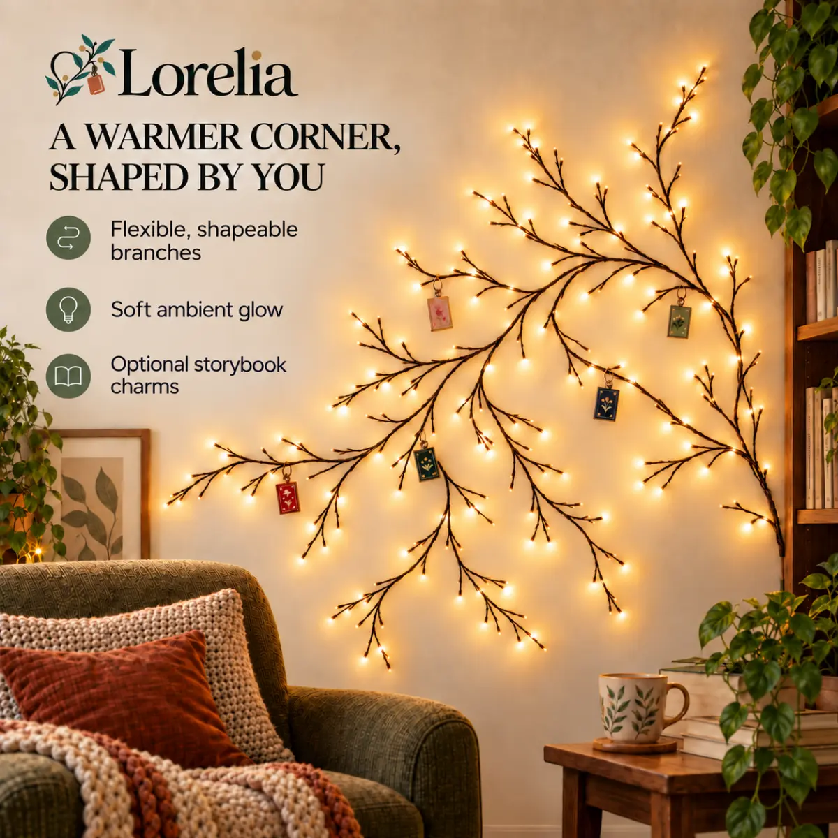 Lorelia vine light styled above a reading chair on a balcony